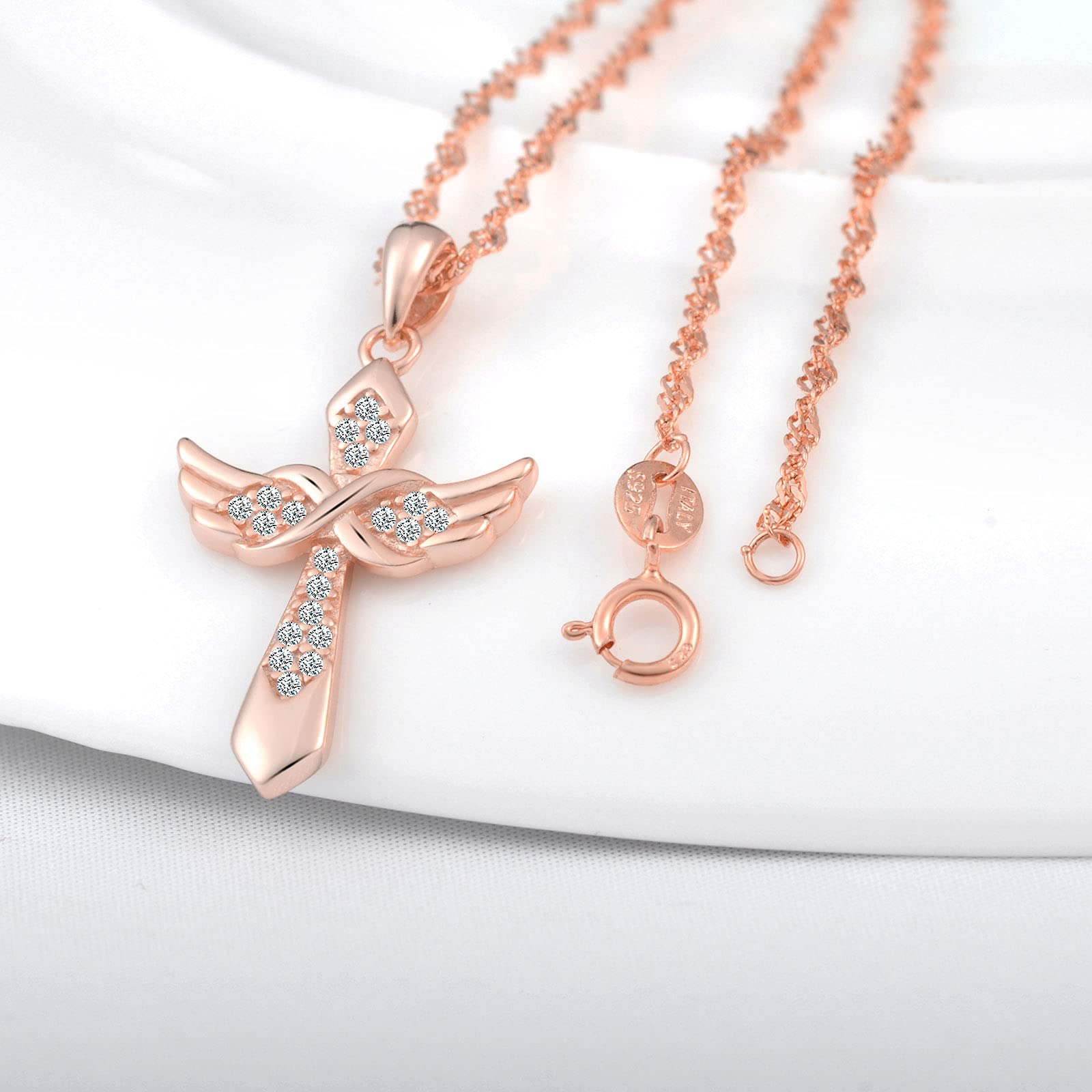 INFINIONLY Collana Croce Ala Argento 925 Oro Rosa Zircone