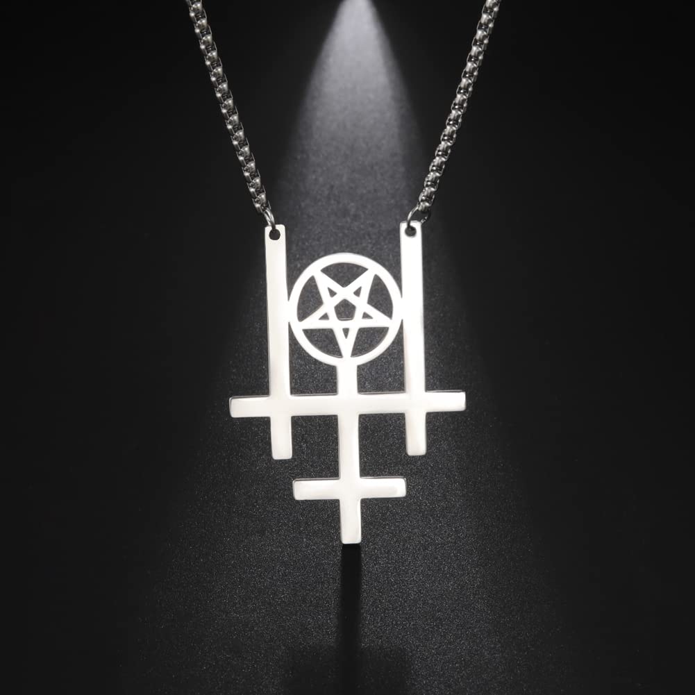 Eueavan Necklaces Collana Acciaio Croce Pentagramma