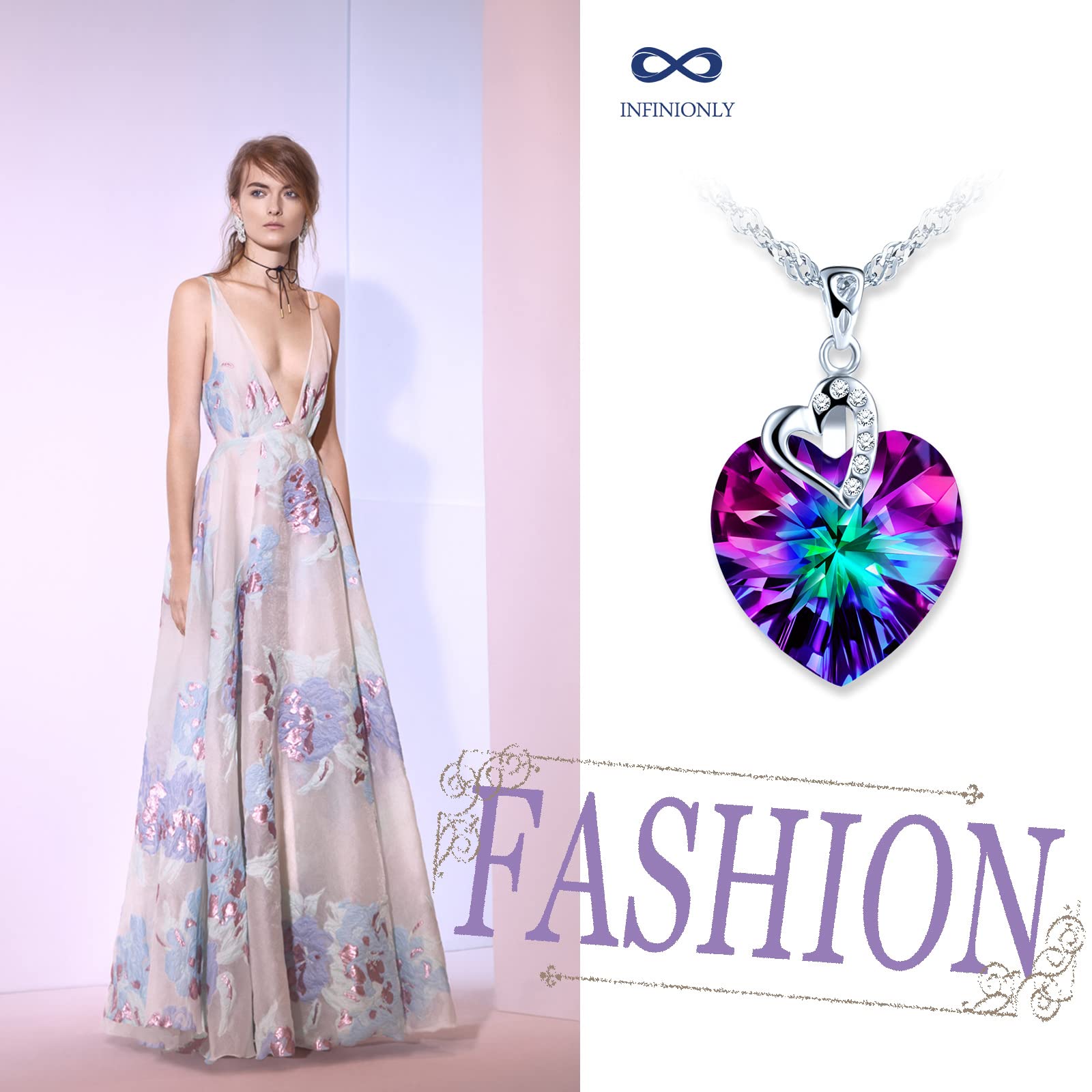 Infinionly Fashion Collana Cuore Cristallo Colorato Argento 925 45cm