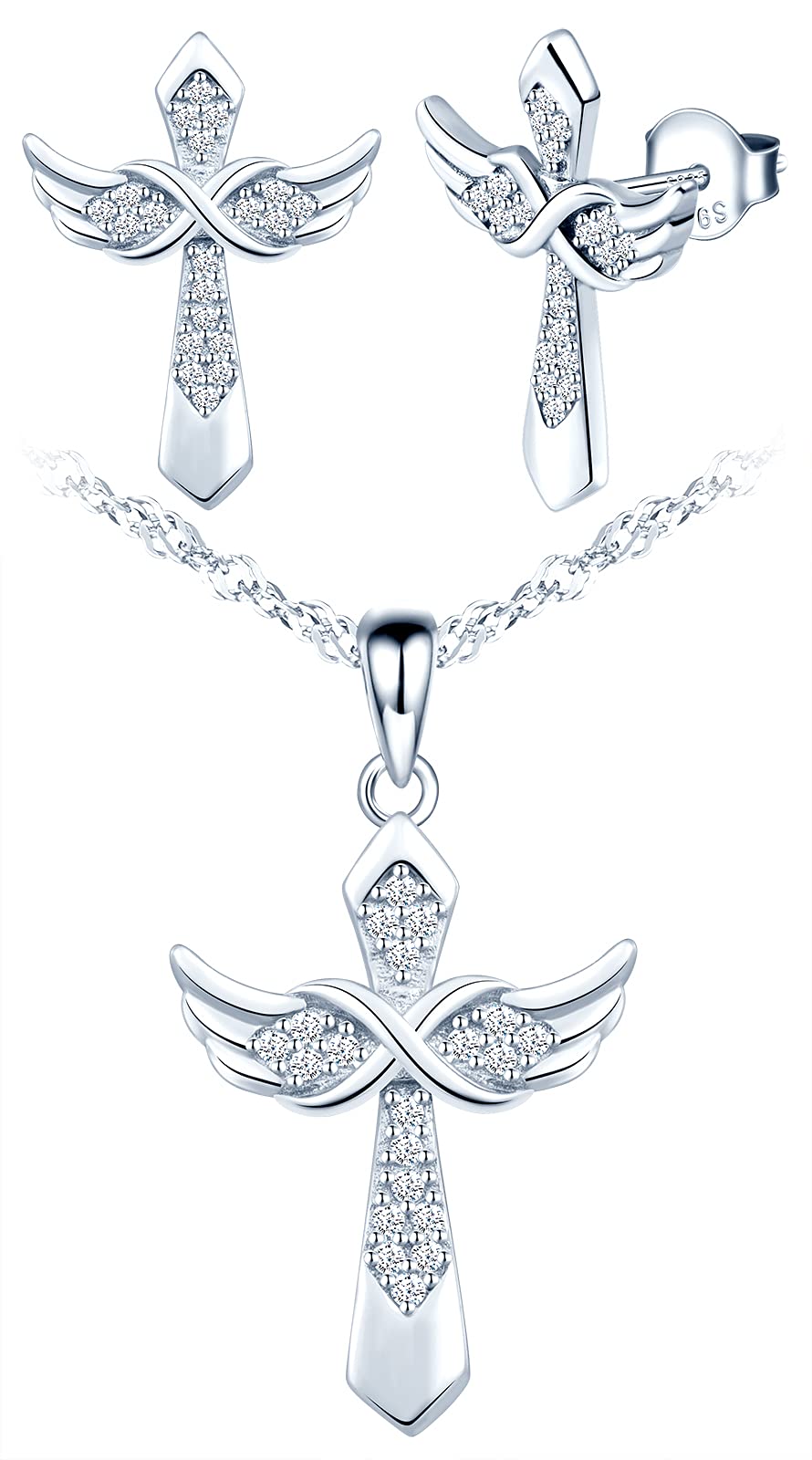INFINIONLY Fashion Collana Croce Ala Argento 925 Zirconi