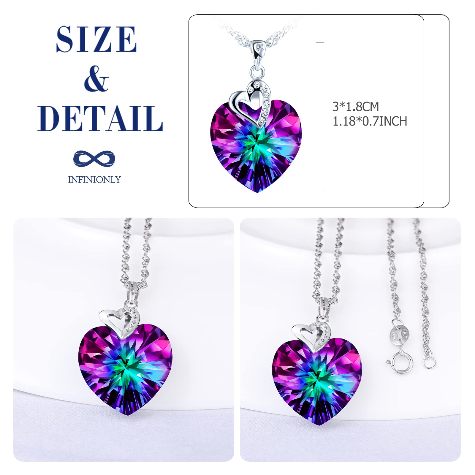 Infinionly Fashion Collana Cuore Cristallo Colorato Argento 925 45cm