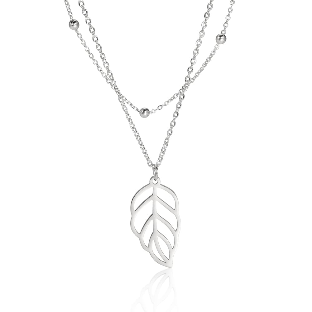 EUEAVAN Necklaces Collana Acciaio Foglia Doppia Catena Donna