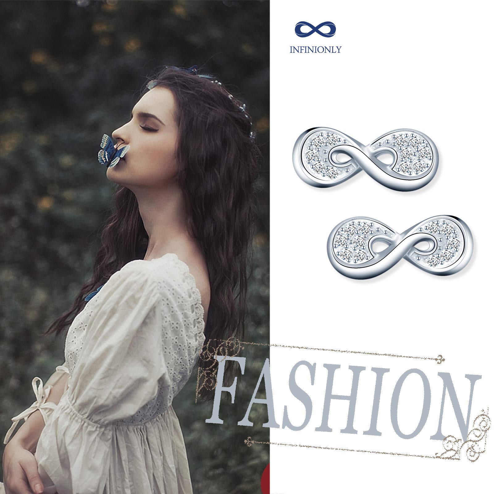INFINIONLY Fashion Earrings orecchini borchia infinito argento zirconi