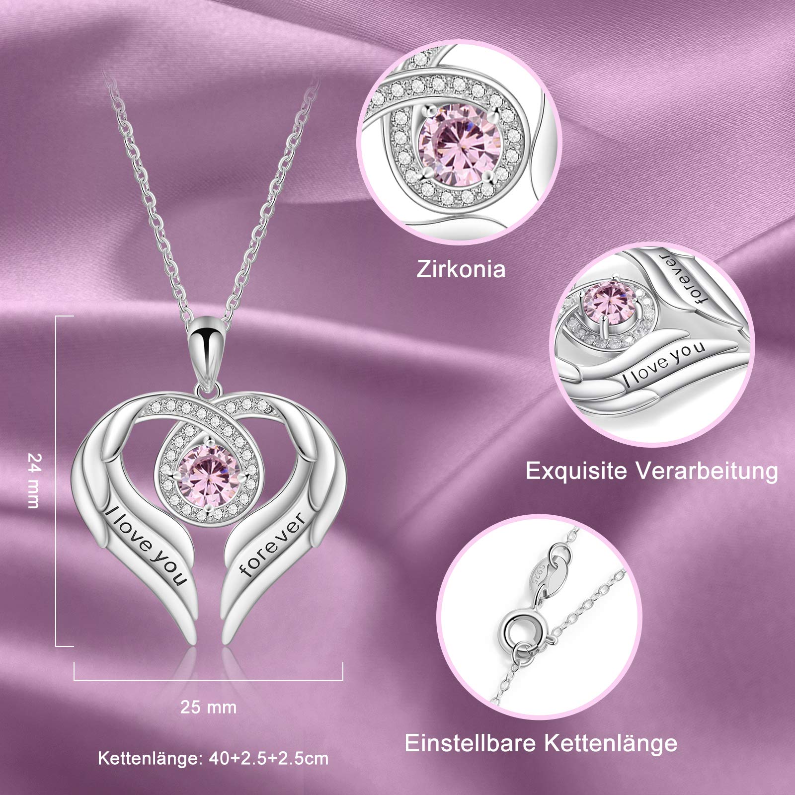 Jessemade Gioielli Collana Argento 925 Ala Cuore Zirconi Love You Forever
