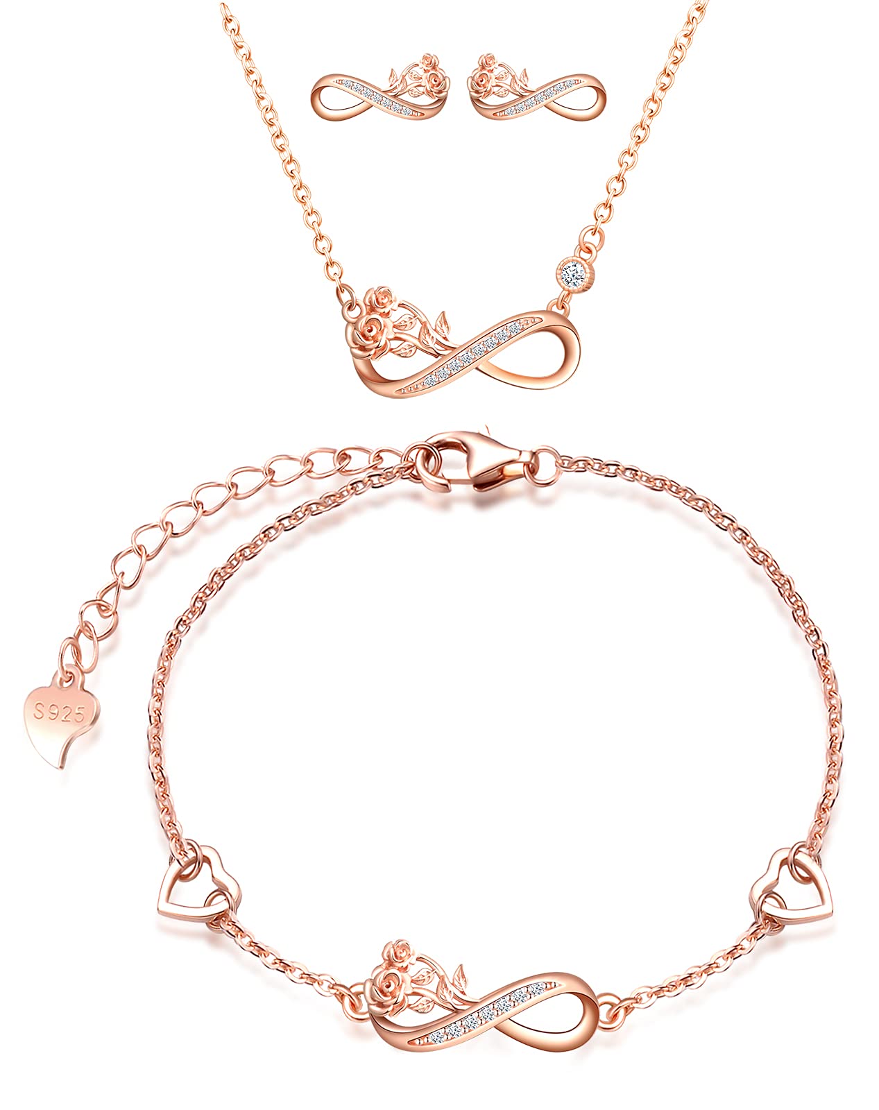 INFINIONLY Fashion Collana Rosa Oro Rosa Argento 925 Zirconi
