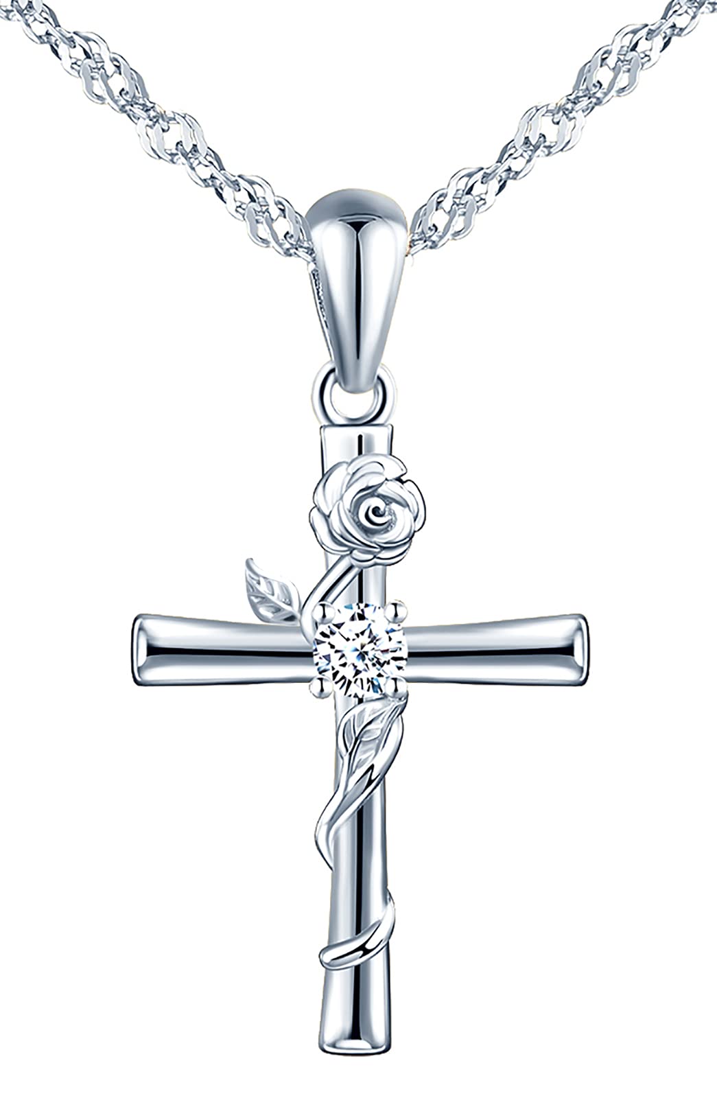 Infinionly Collana Croce Argento 925 Fiore Rosa