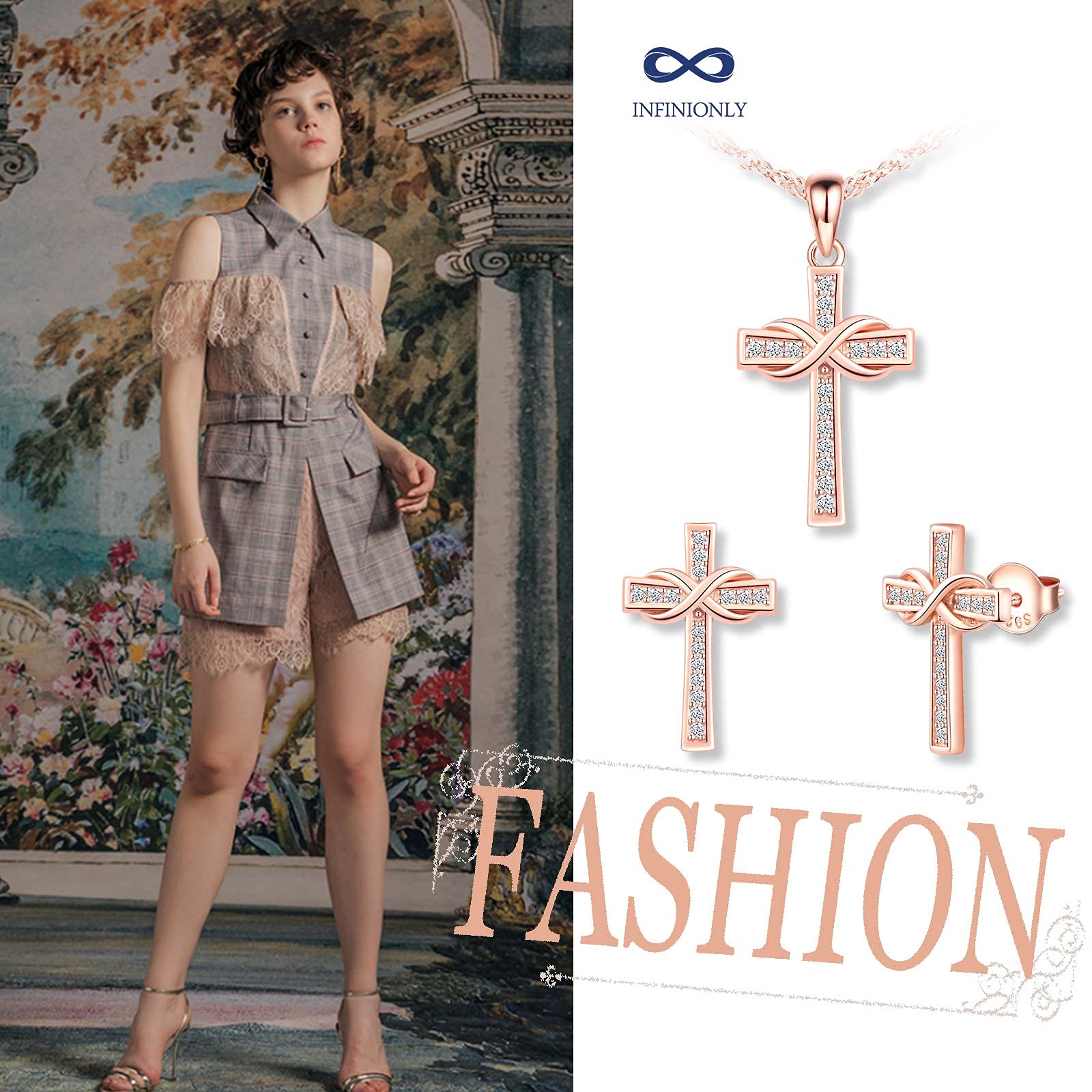 INFINIONLY Fashion Necklaces parure croce oro rosa zirconi