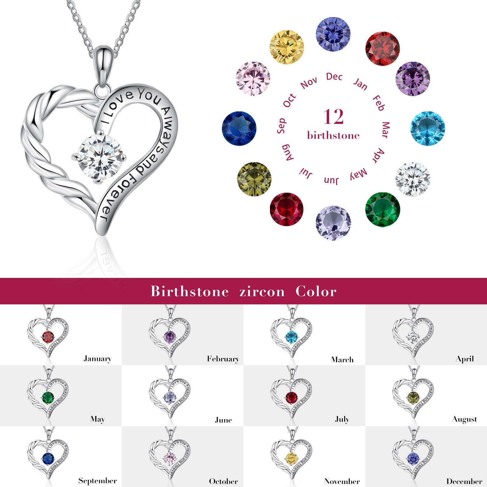 Jessemade Gioielli Collana Cuore Argento 925 Birthstone Mamma