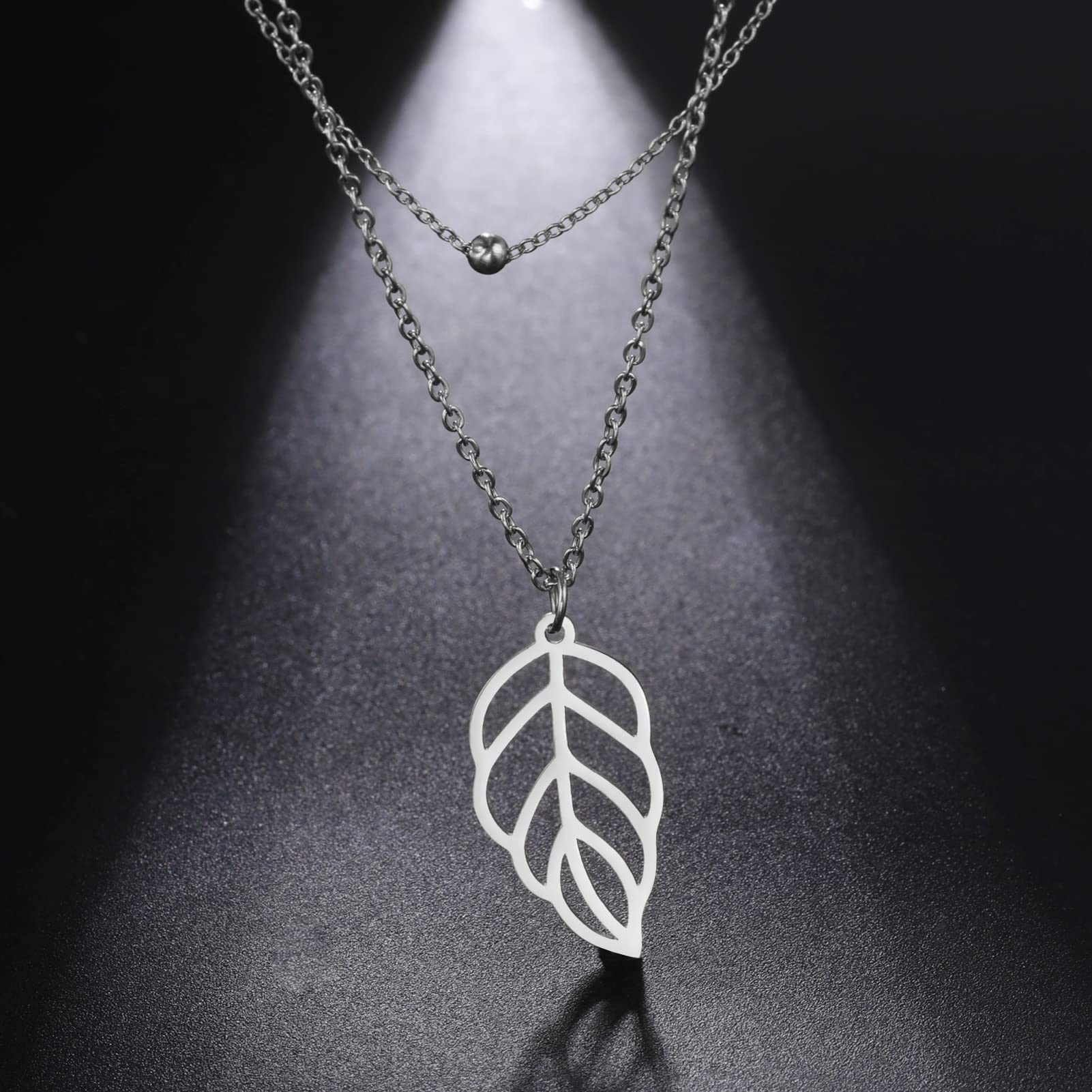 EUEAVAN Necklaces Collana Acciaio Foglia Doppia Catena Donna
