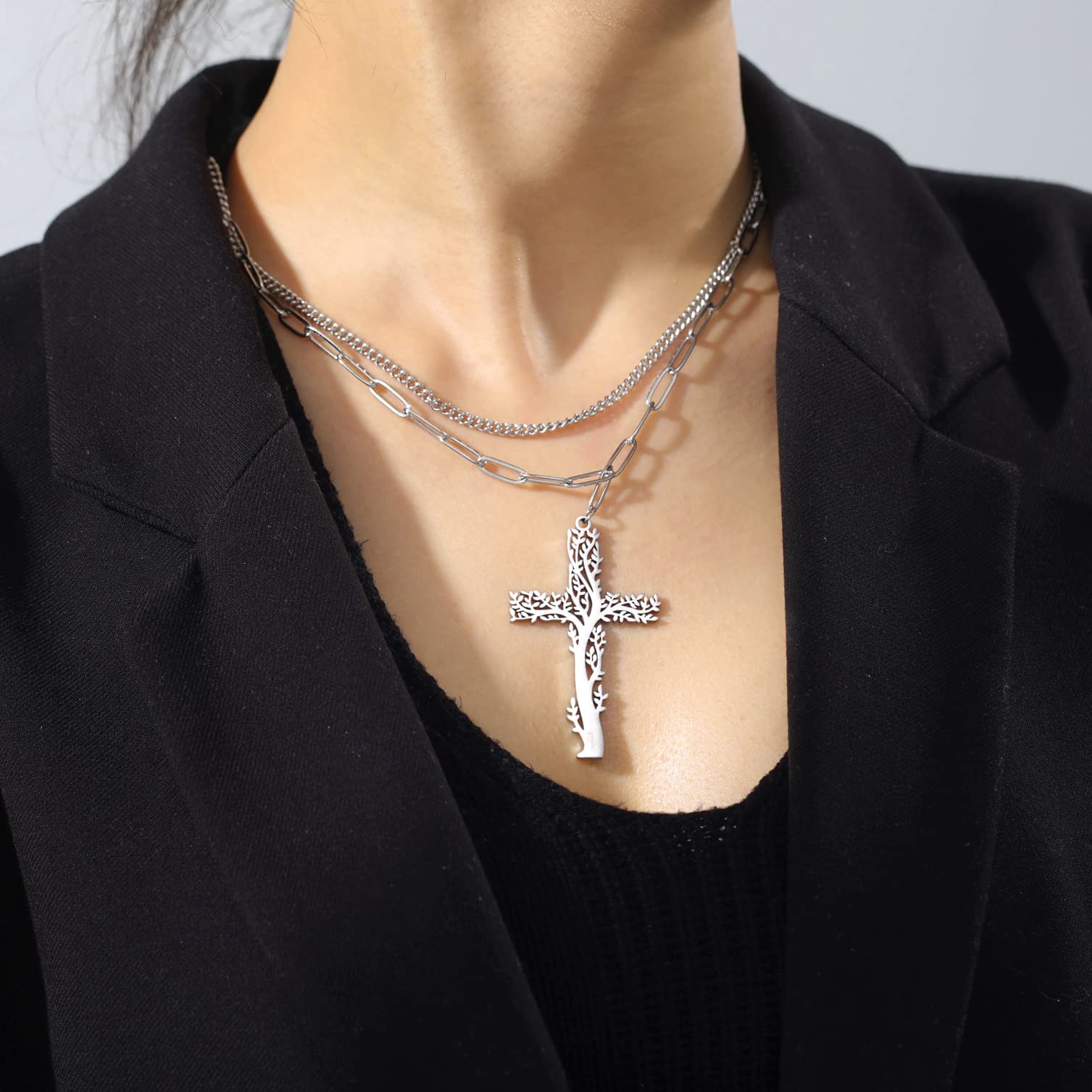 EUEAVAN Collana Albero Vita Croce Acciaio Inox Strati