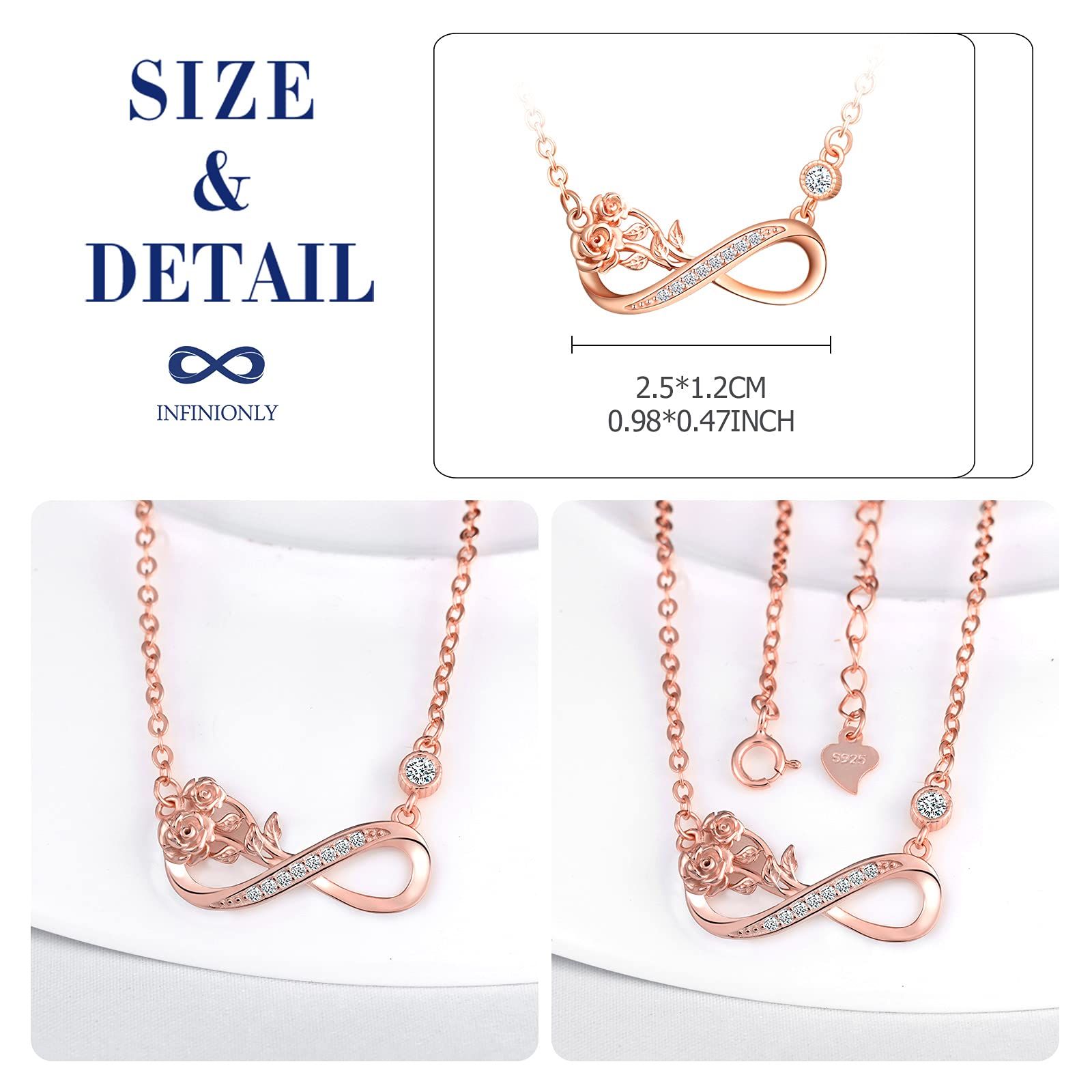 INFINIONLY Fashion Collana Rosa Oro Rosa Argento 925 Zirconi