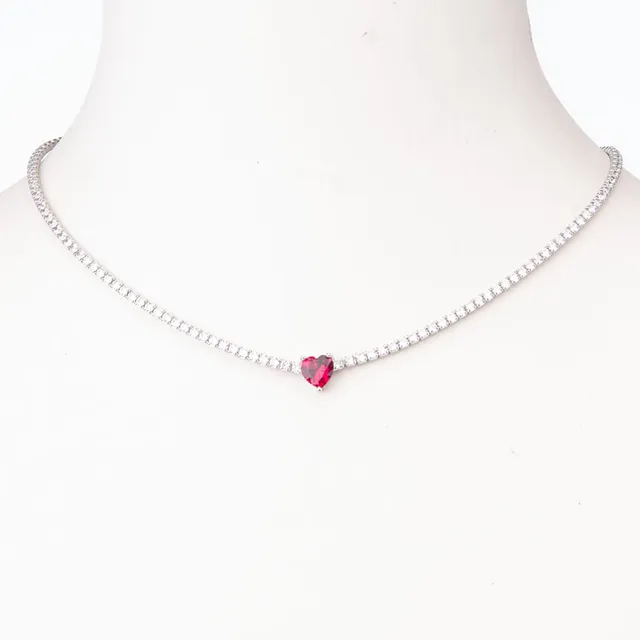 Chic Ad Hoc Collana tennis cuore rosso rubino argento