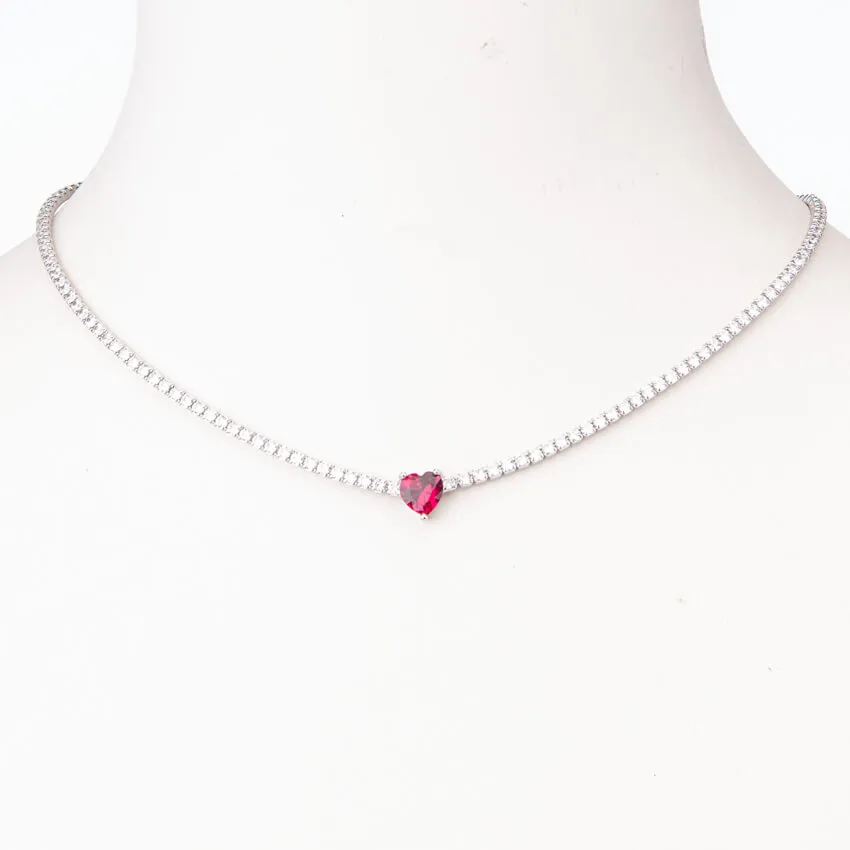 Chic Ad Hoc Collana tennis cuore rosso rubino argento