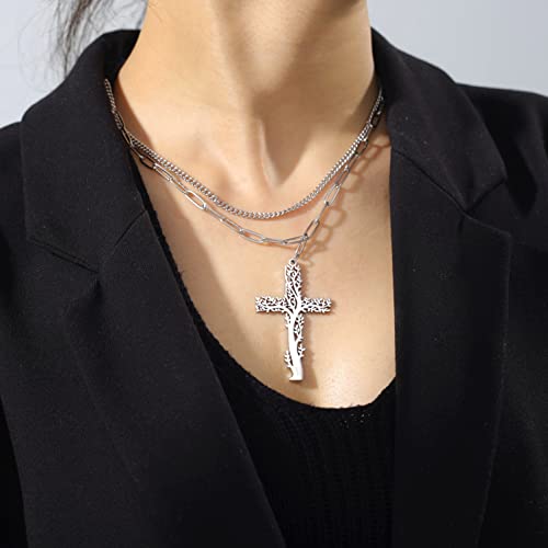 EUEAVAN Collana Albero Vita Croce Acciaio Inox Strati