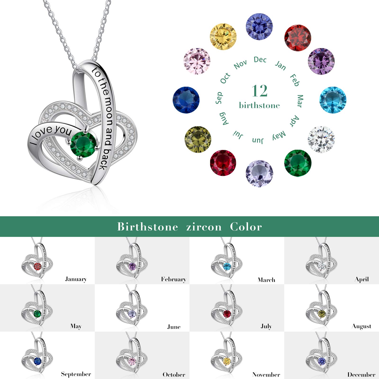 Jessemade Gioielli collana cuore argento 925 birthstone zirconi