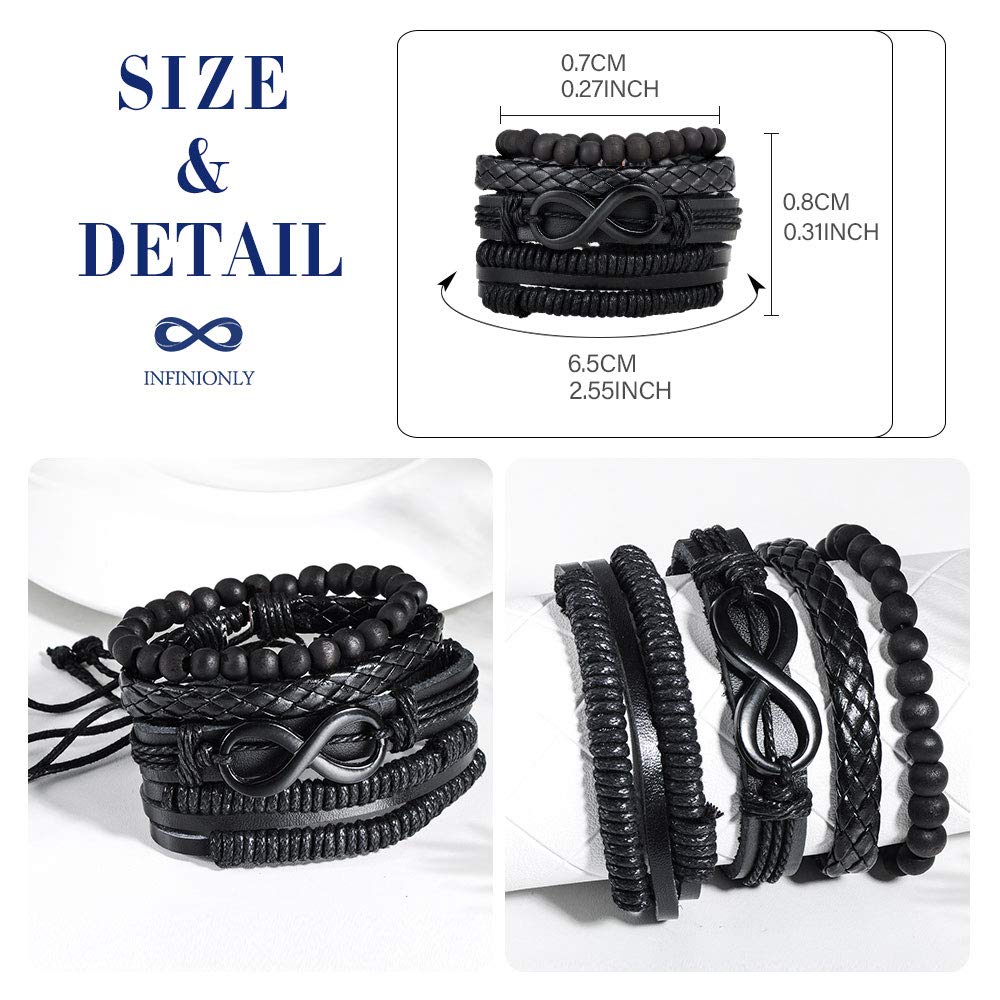 INFINIONLY Fashion Bracelets Bracciale Uomo Pelle Nero Infinito
