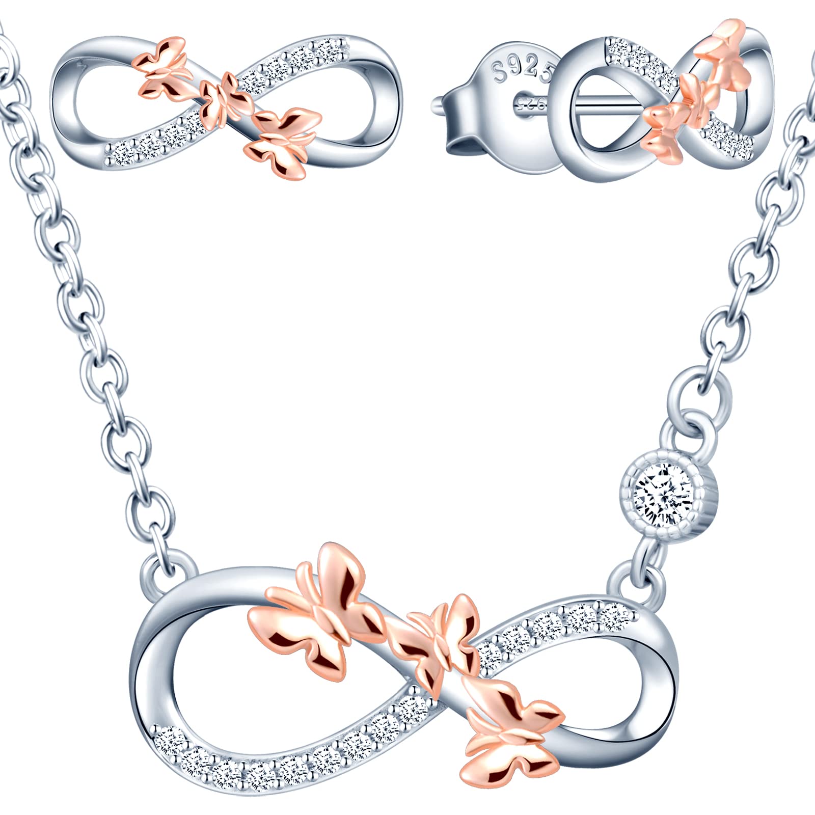 INFINIONLY Collana Argento 925 Infinito Farfalle Oro Rosa B