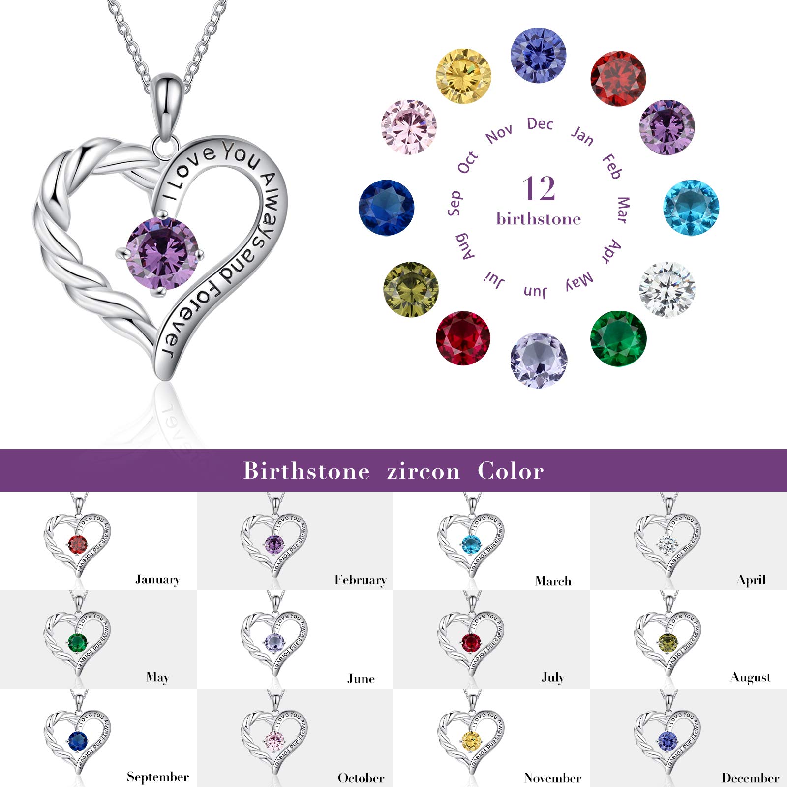 Jessemade Gioielli Collana Cuore Argento 925 Birthstone Mamma