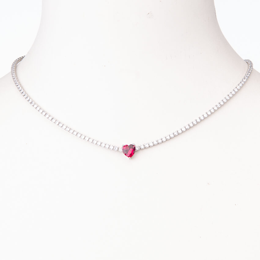 Chic Ad Hoc Collana tennis cuore rosso rubino argento