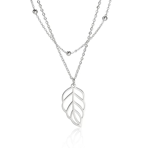 EUEAVAN Necklaces Collana Acciaio Foglia Doppia Catena Donna