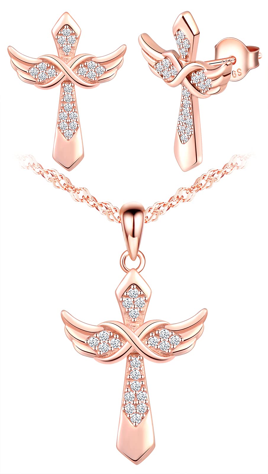 INFINIONLY Collana Croce Ala Argento 925 Oro Rosa Zircone