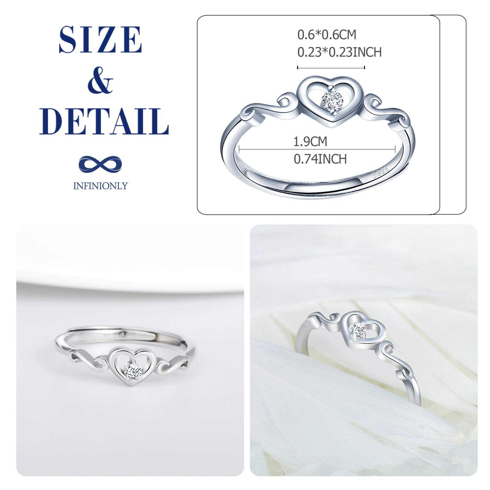 Infinionly Fashion anello argento 925 cuore regolabile zirconi