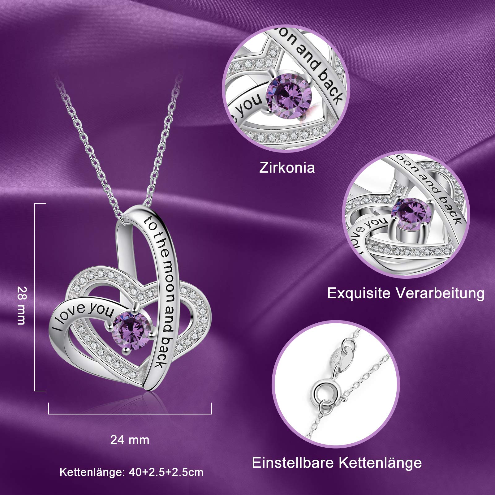Jessemade Gioielli Collana Cuore Argento 925 Pietra Febbraio