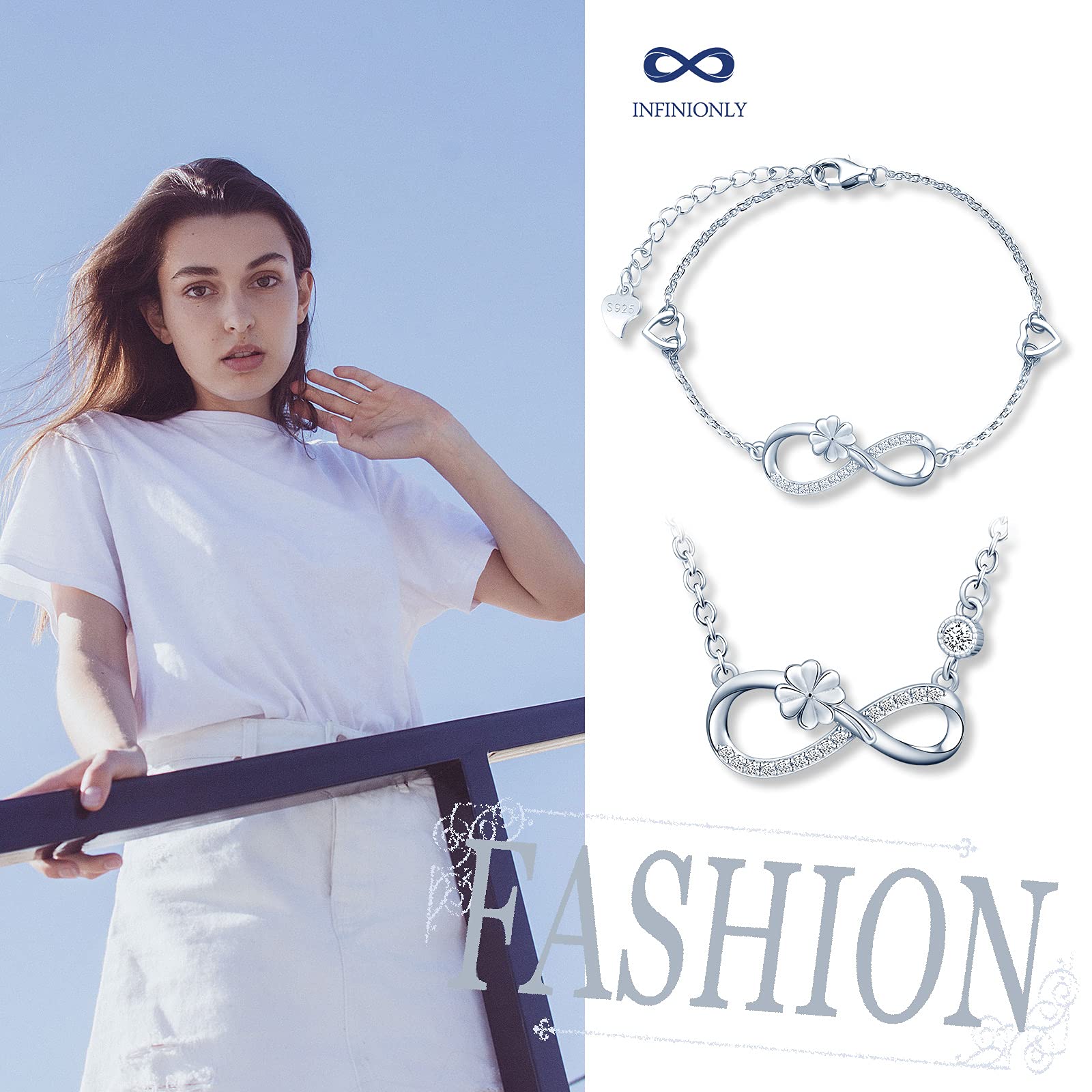 INFINIONLY Fashion Necklaces parure B argento trifoglio