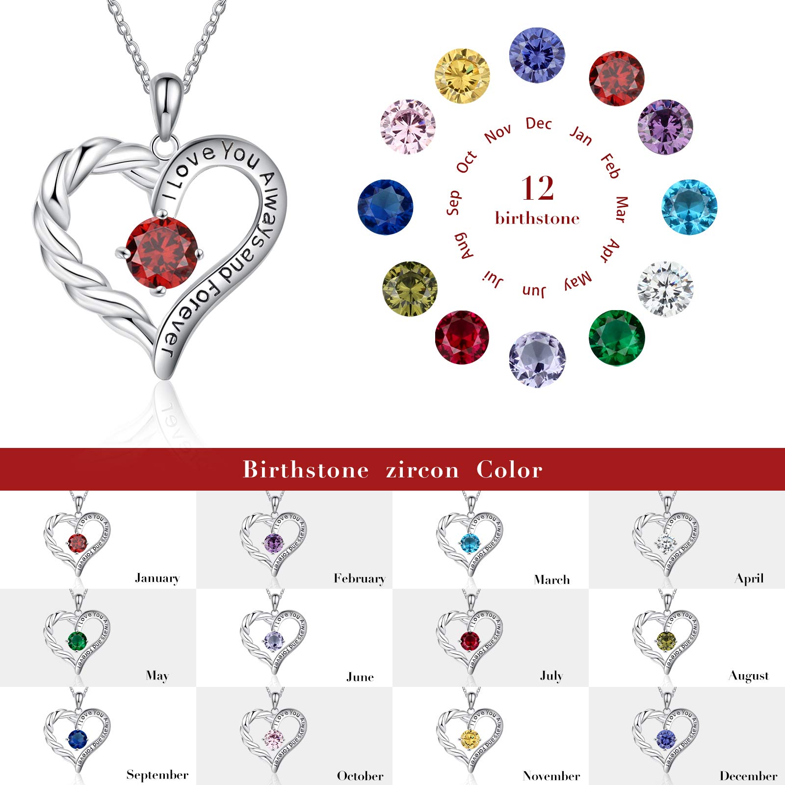 Jessemade Gioielli Collana Cuore Argento 925 Pietra Birthstone Donna
