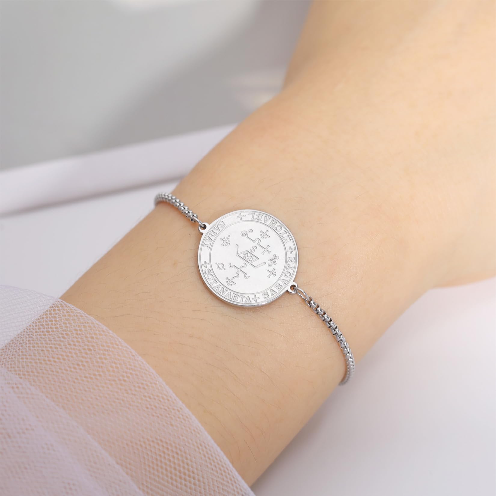 EUEAVAN Bracciale 7 Arcangelo Michael Argento Acciaio