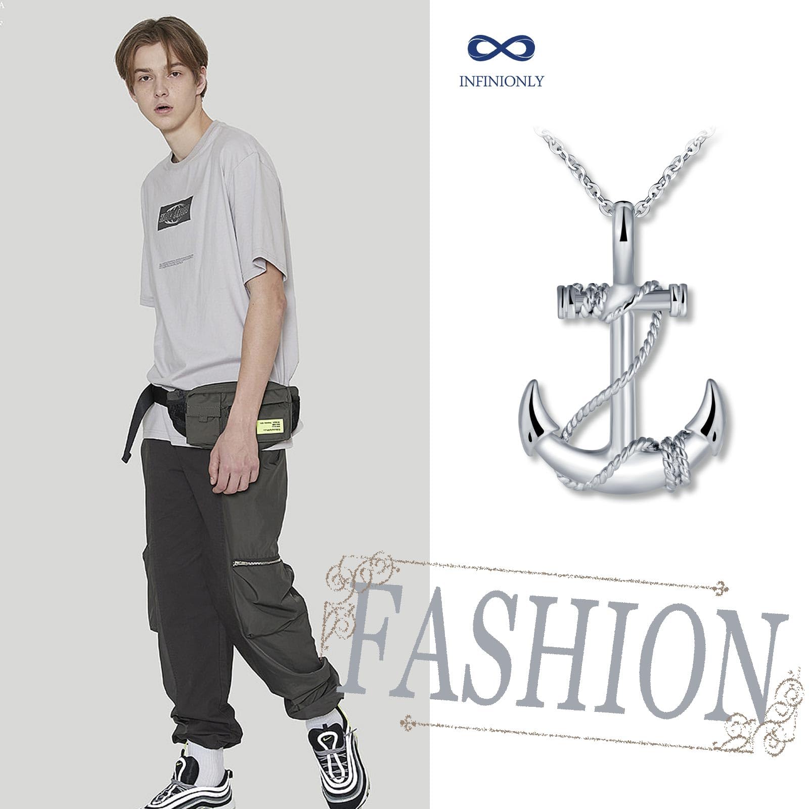 INFINIONLY Fashion collana ancora acciaio argento uomo