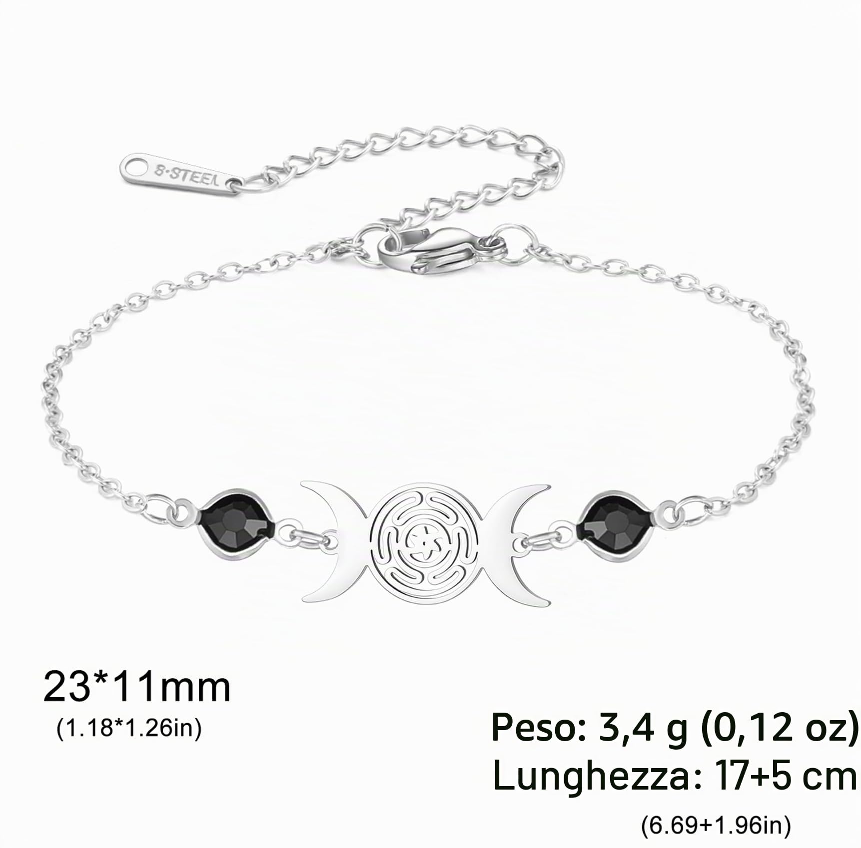 Eueavan Bracelets Bracciale Hecate Tripla Luna Argento Regolabile