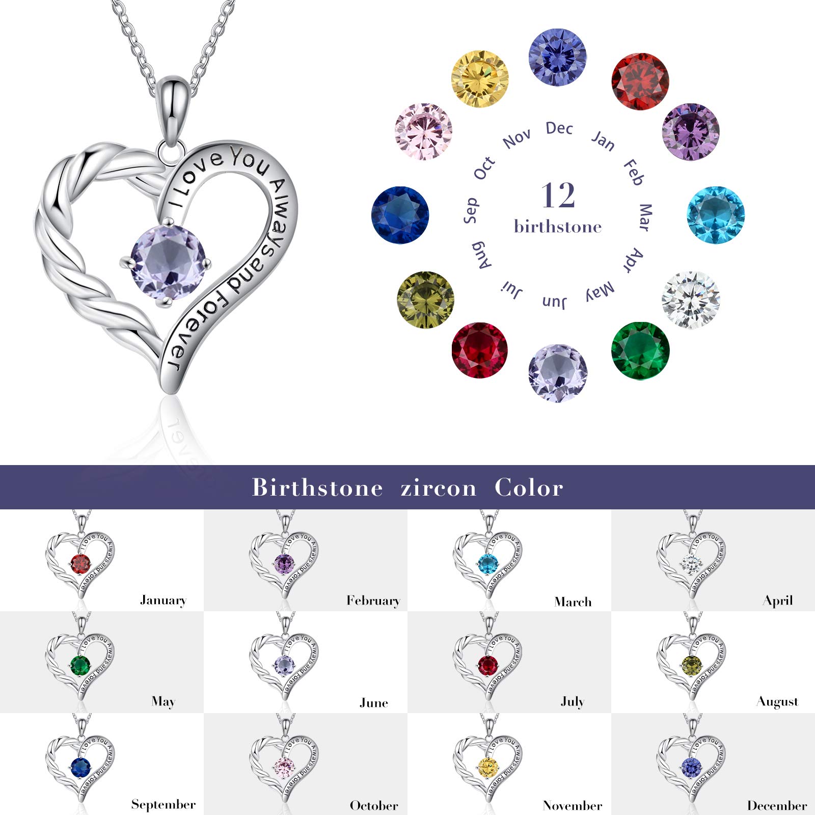 Jessemade Gioielli Collana Cuore Argento 925 con Pietra Mese Mamma
