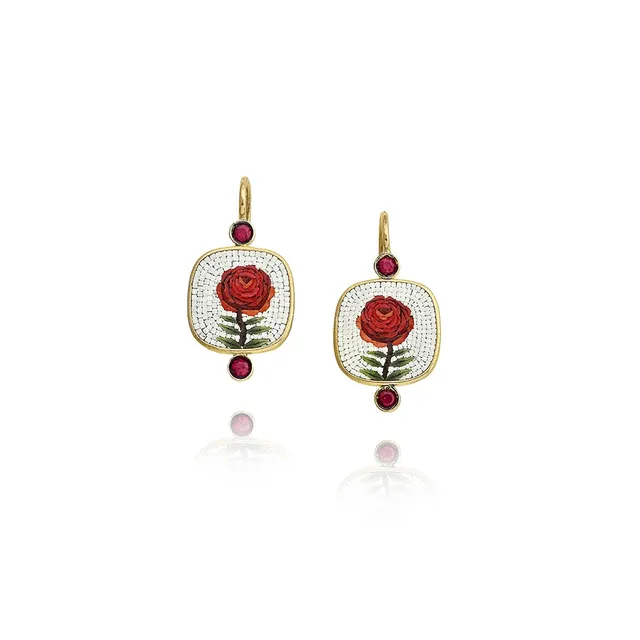 Le Sibille Rosae Orecchini Oro Giallo 18Ct Rubini Mosaico