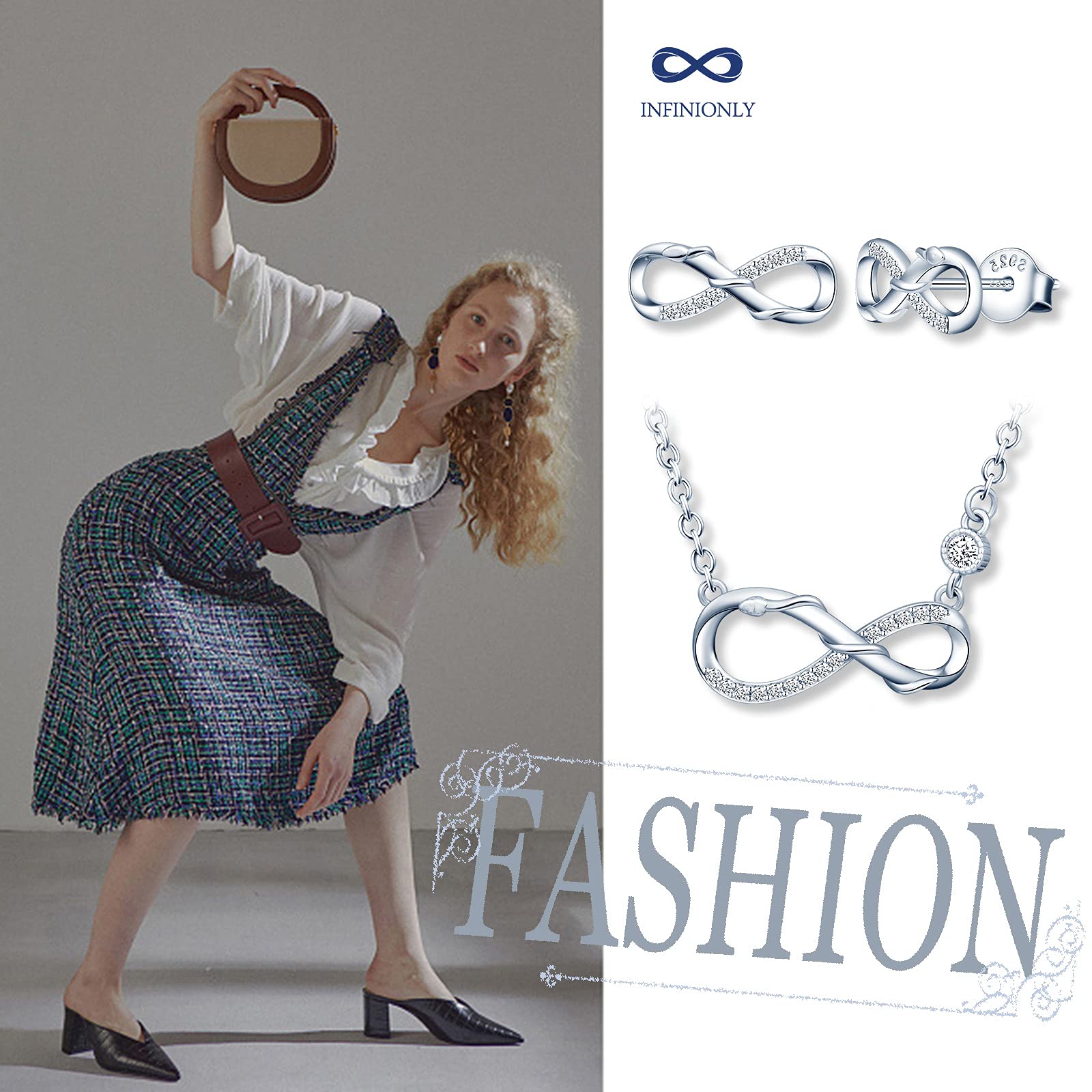 INFINIONLY Fashion Necklaces parure collana orecchini silver zirconi