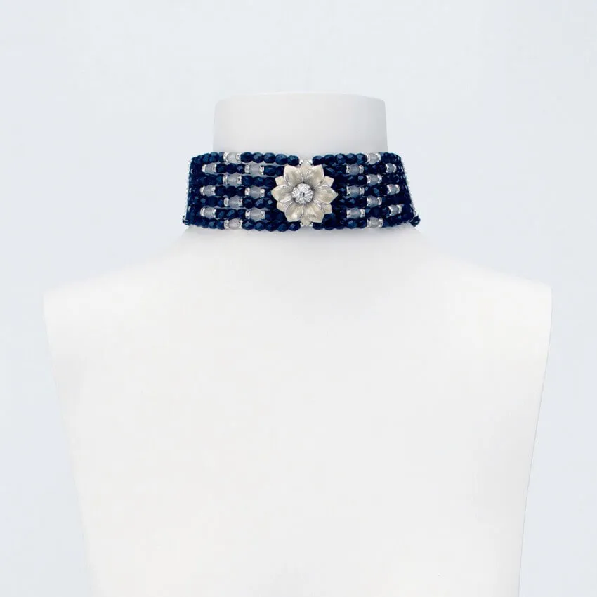 Chic Ad Hoc Collana Choker Cristalli Neri Fiore Smaltato