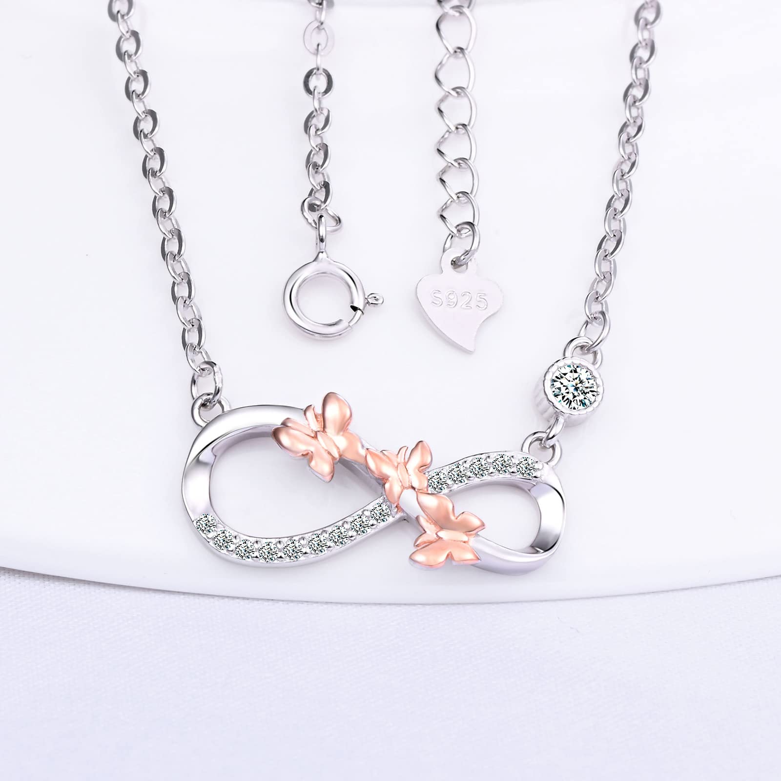 INFINIONLY Collana Argento 925 Infinito Farfalle Oro Rosa B