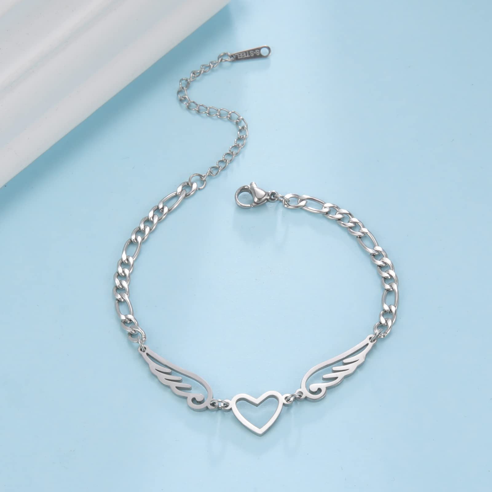 Eueavan Bracelets bracciale acciaio cuore angelo argento