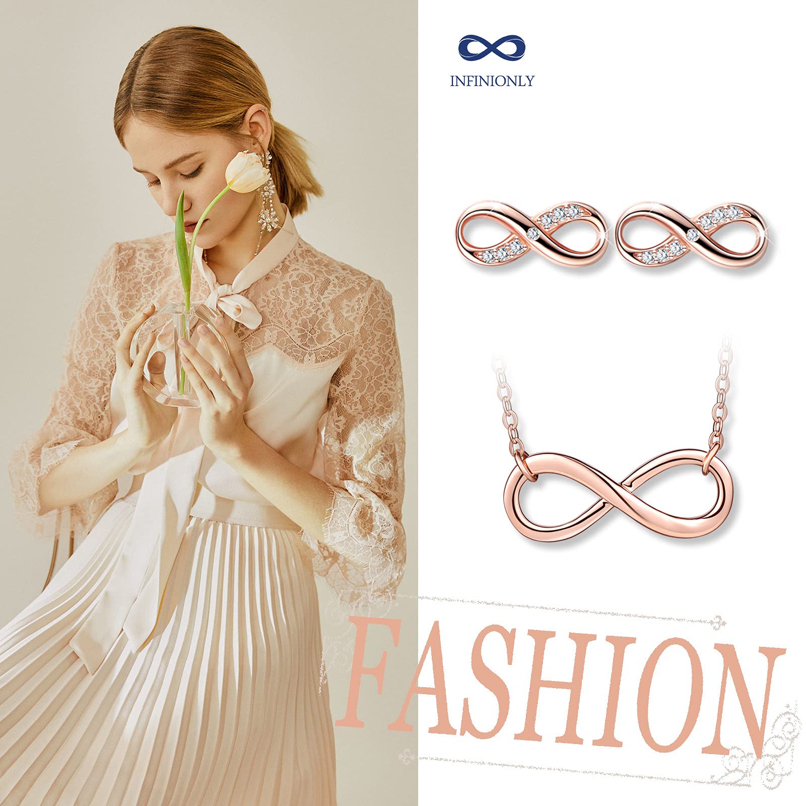 INFINIONLY Parure Infinito Set Collana Bracciale Oro Rosa