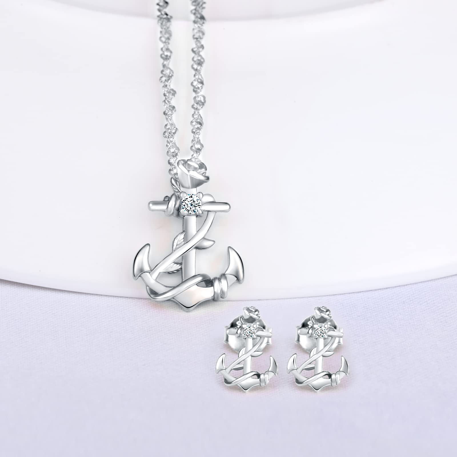 INFINIONLY Parure Collana Orecchini Argento Ancora Rosa