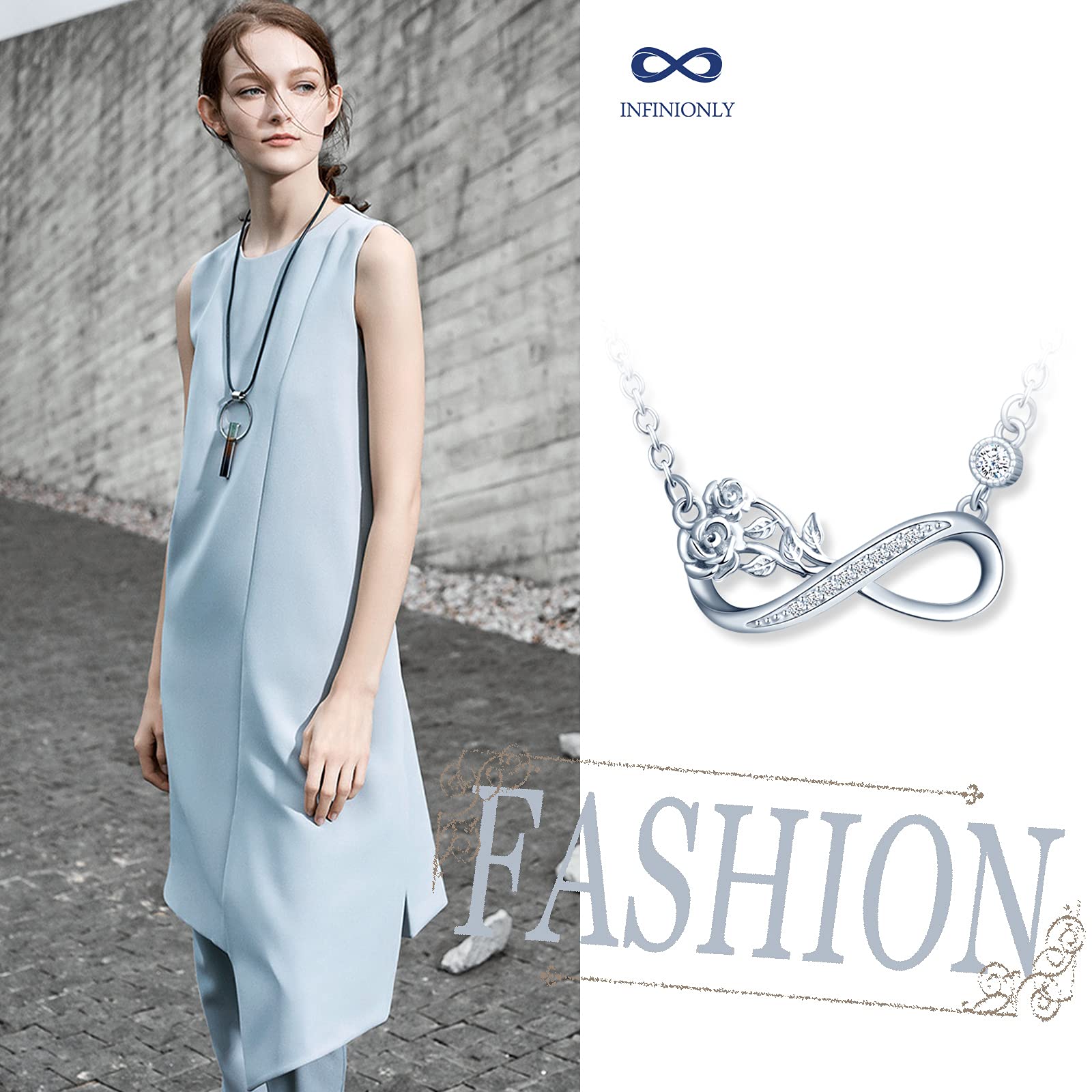 INFINIONLY Fashion Necklaces collana C argento fiore zircone