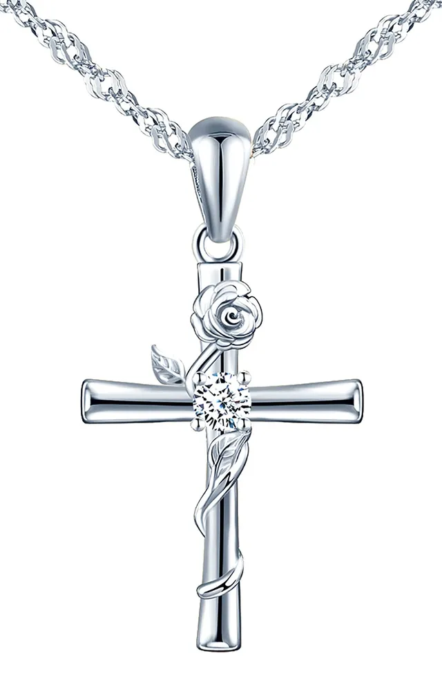 Infinionly Collana Croce Argento 925 Fiore Rosa