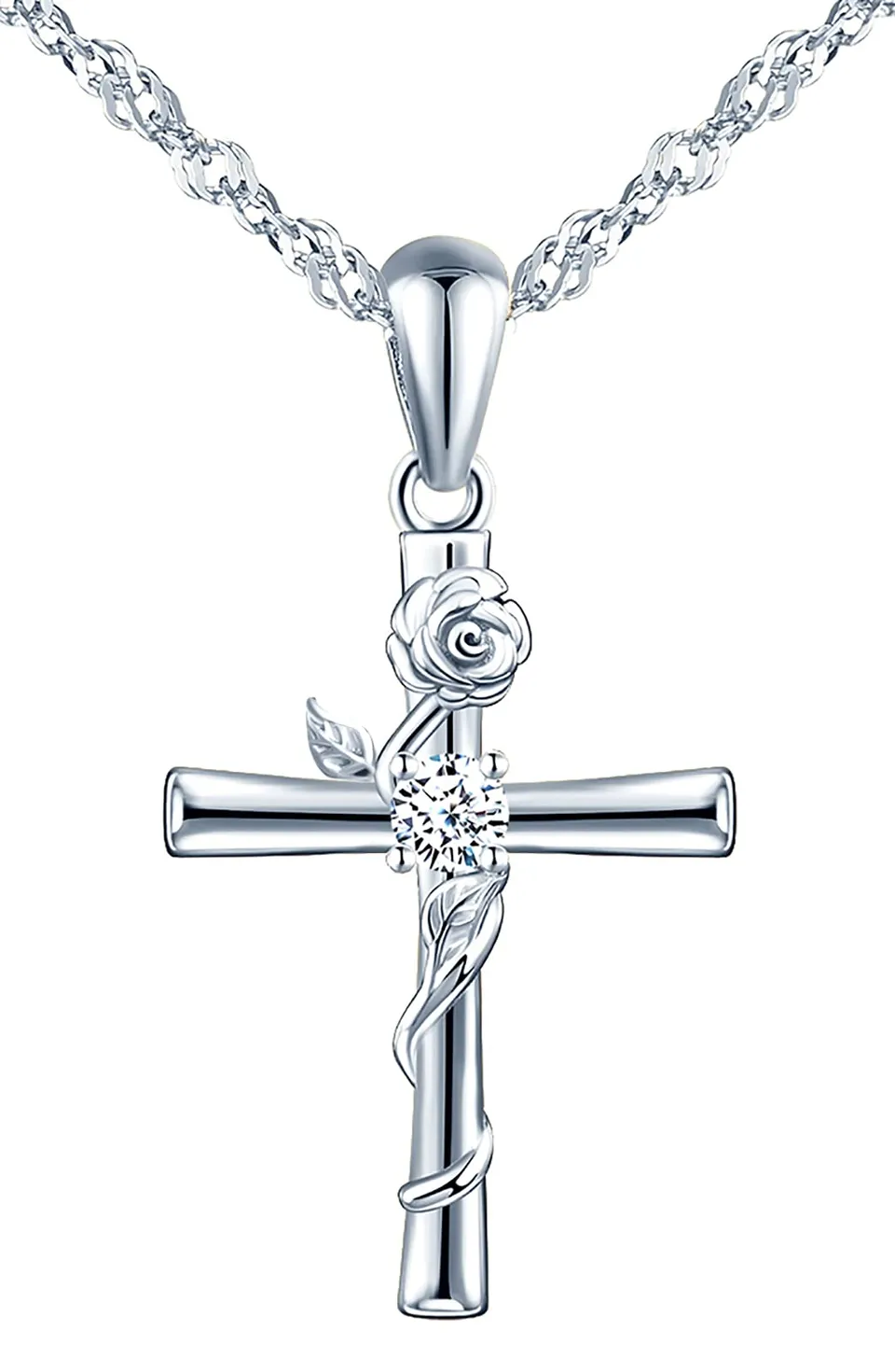 Infinionly Collana Croce Argento 925 Fiore Rosa