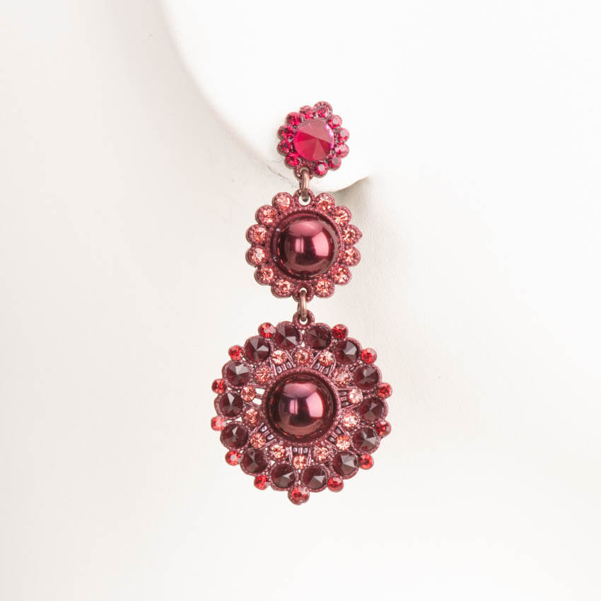 Chic Ad Hoc Orecchini Pendenti Fiore Cristalli Rosso Bordeaux