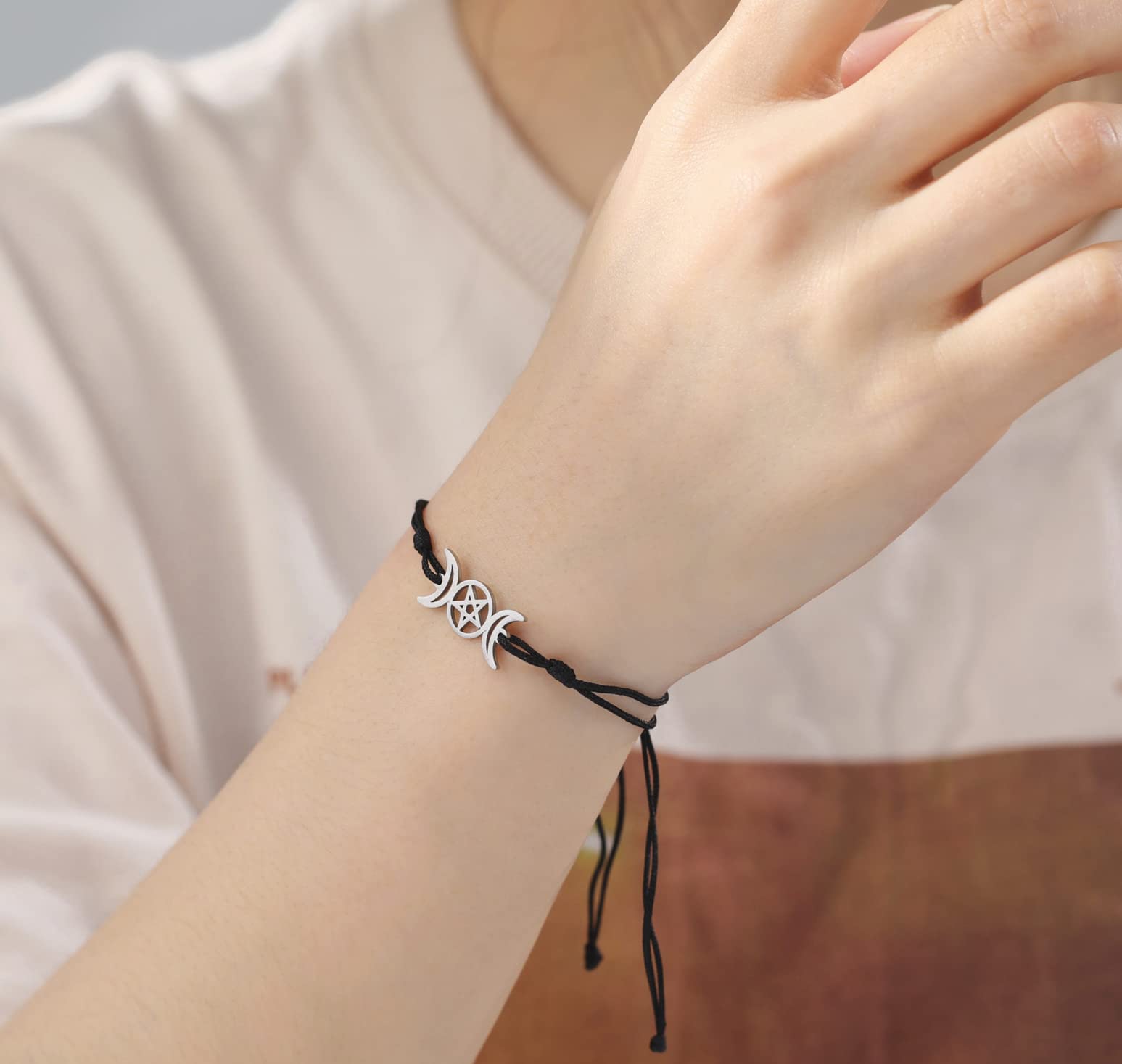 EUEAVAN Tripla Luna Dea Bracciale nero filo cera amuleto