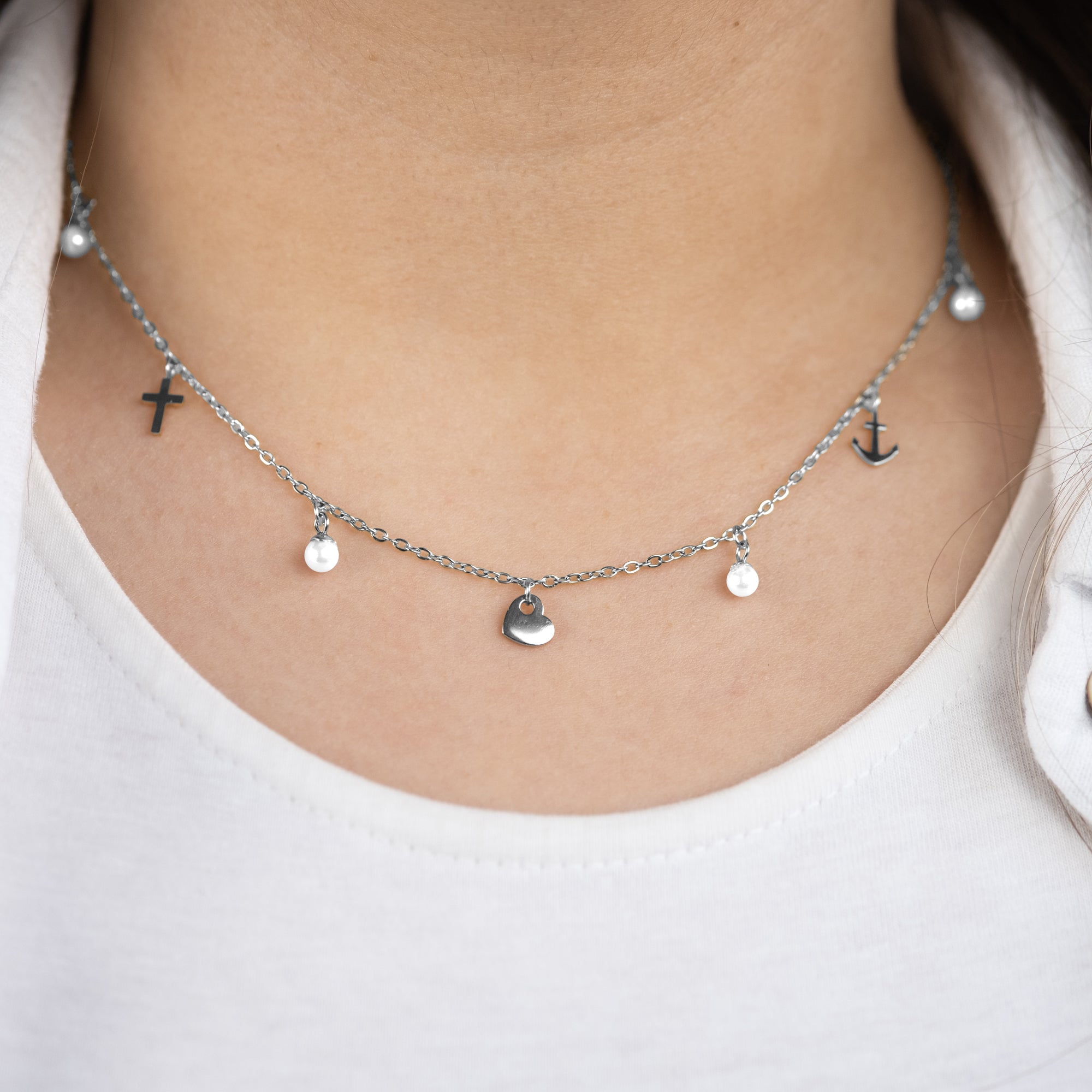 MySteel Faith Love Hope collana acciaio con biglietto perle