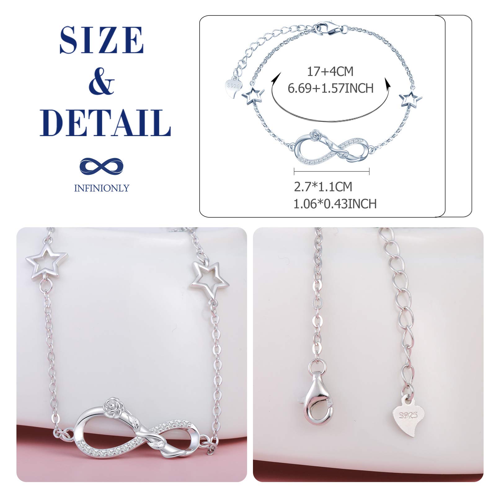 Infinionly Fashion bracciale stella argento 925 fiore rosa zirconi
