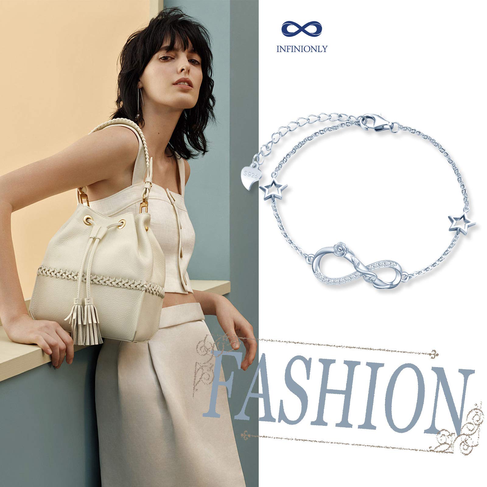 Infinionly Fashion bracciale stella argento 925 fiore rosa zirconi