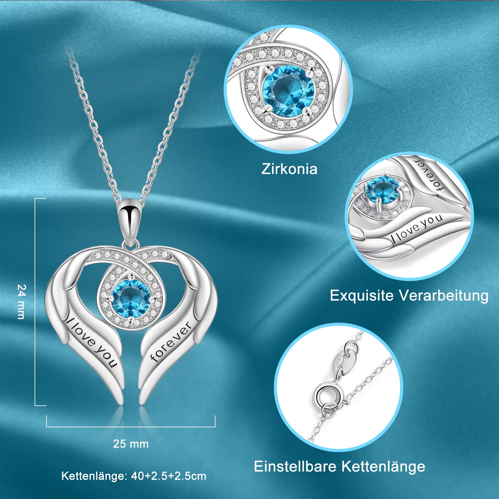 Jessemade Gioielli Collana Ala Argento 925 Cuore Zirconi Love You Forever