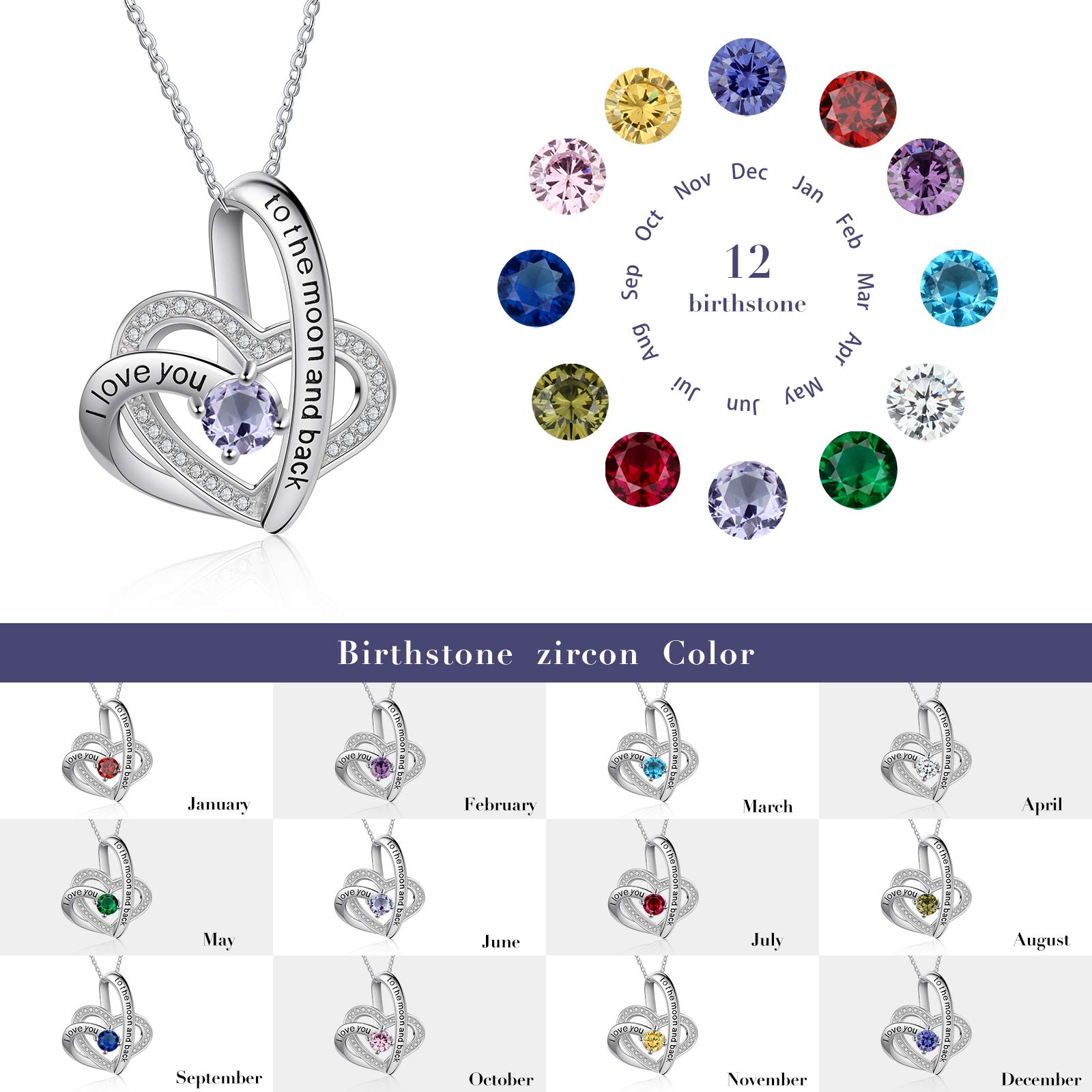 Jessemade Gioielli Collana Argento 925 Cuore Birthstone Zirconi Regolabile